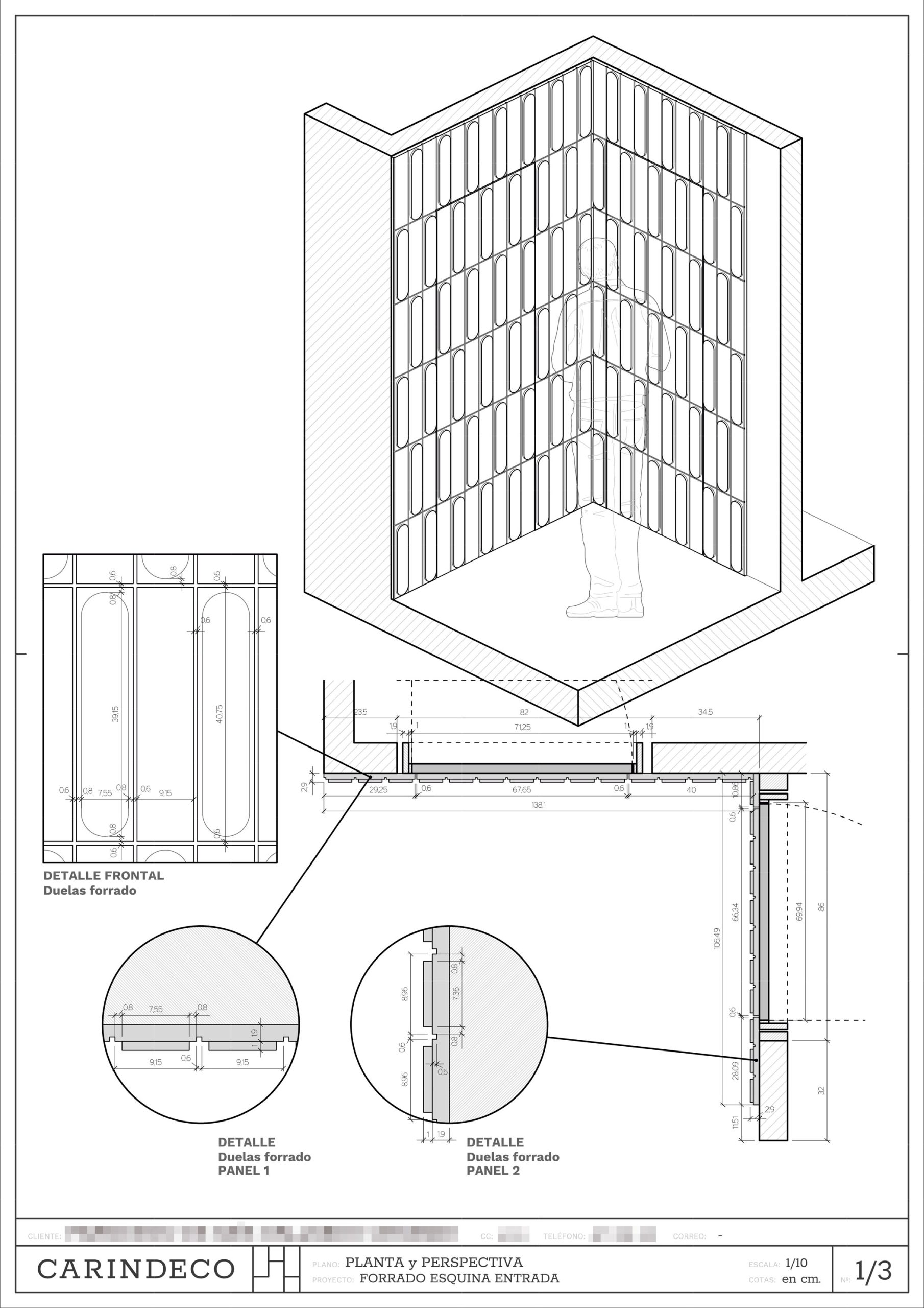 Plano de planta y perspectiva. Panelado de madera en esquina con puertas ocultas