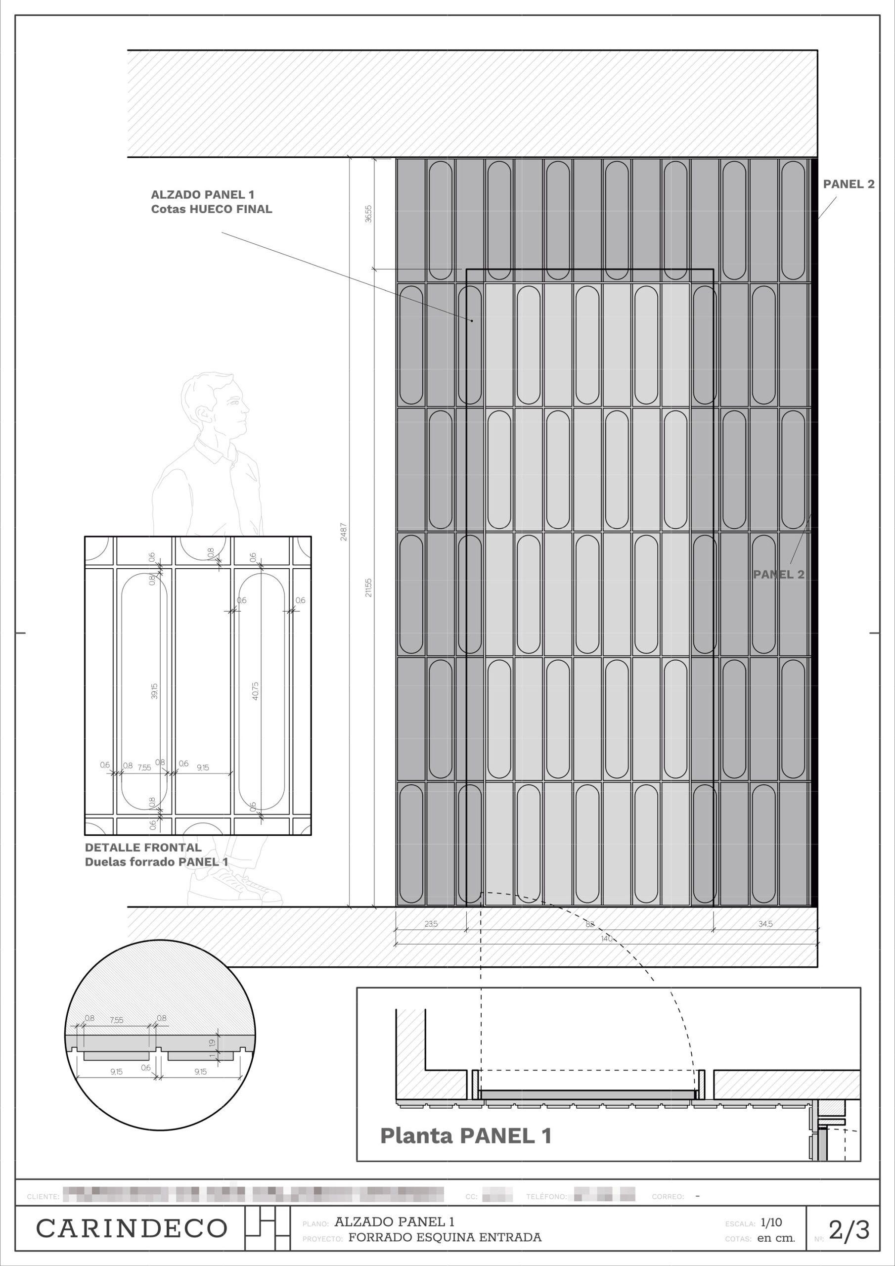 Plano de alzado. Panelado de madera en esquina con puertas ocultas