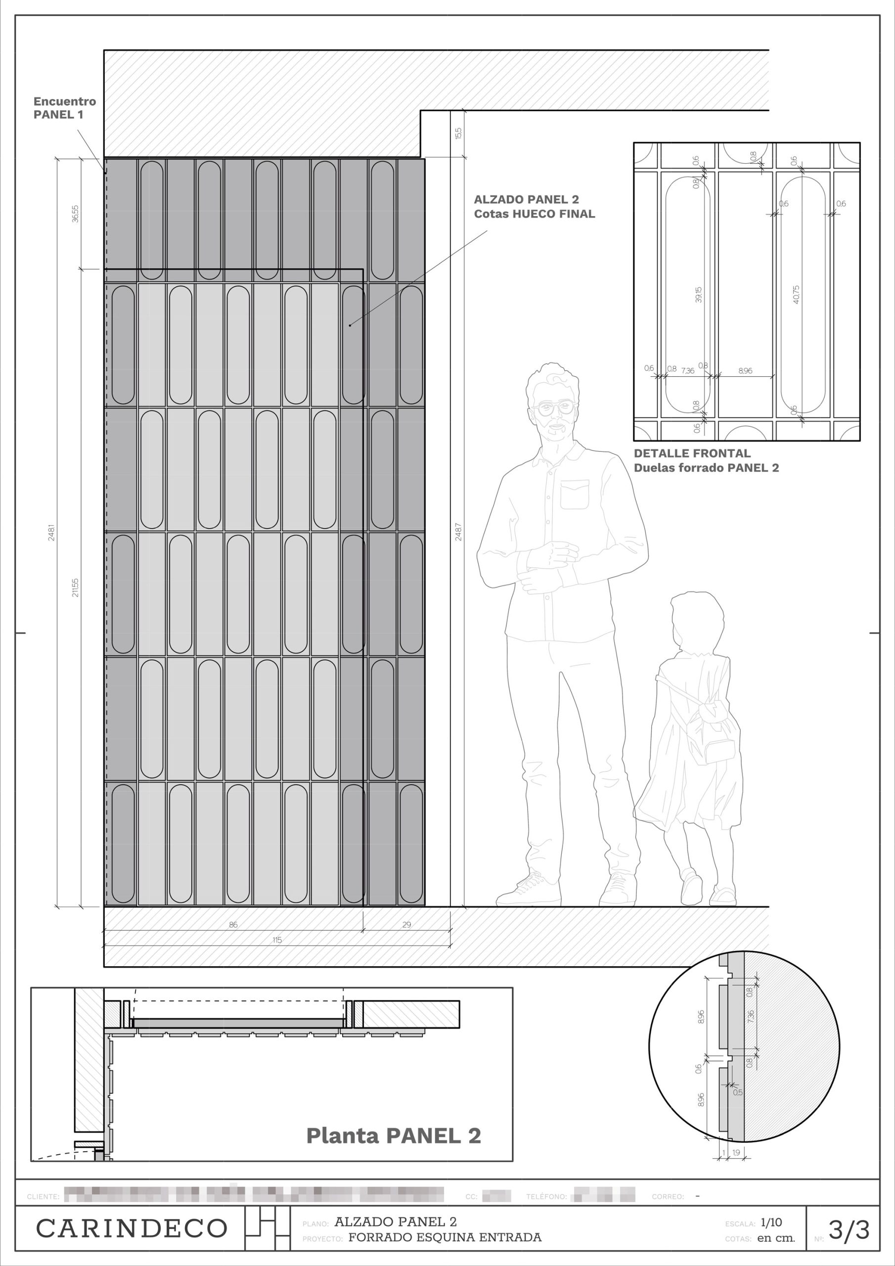 Plano de alzado lateral. Panelado de madera en esquina con puertas ocultas
