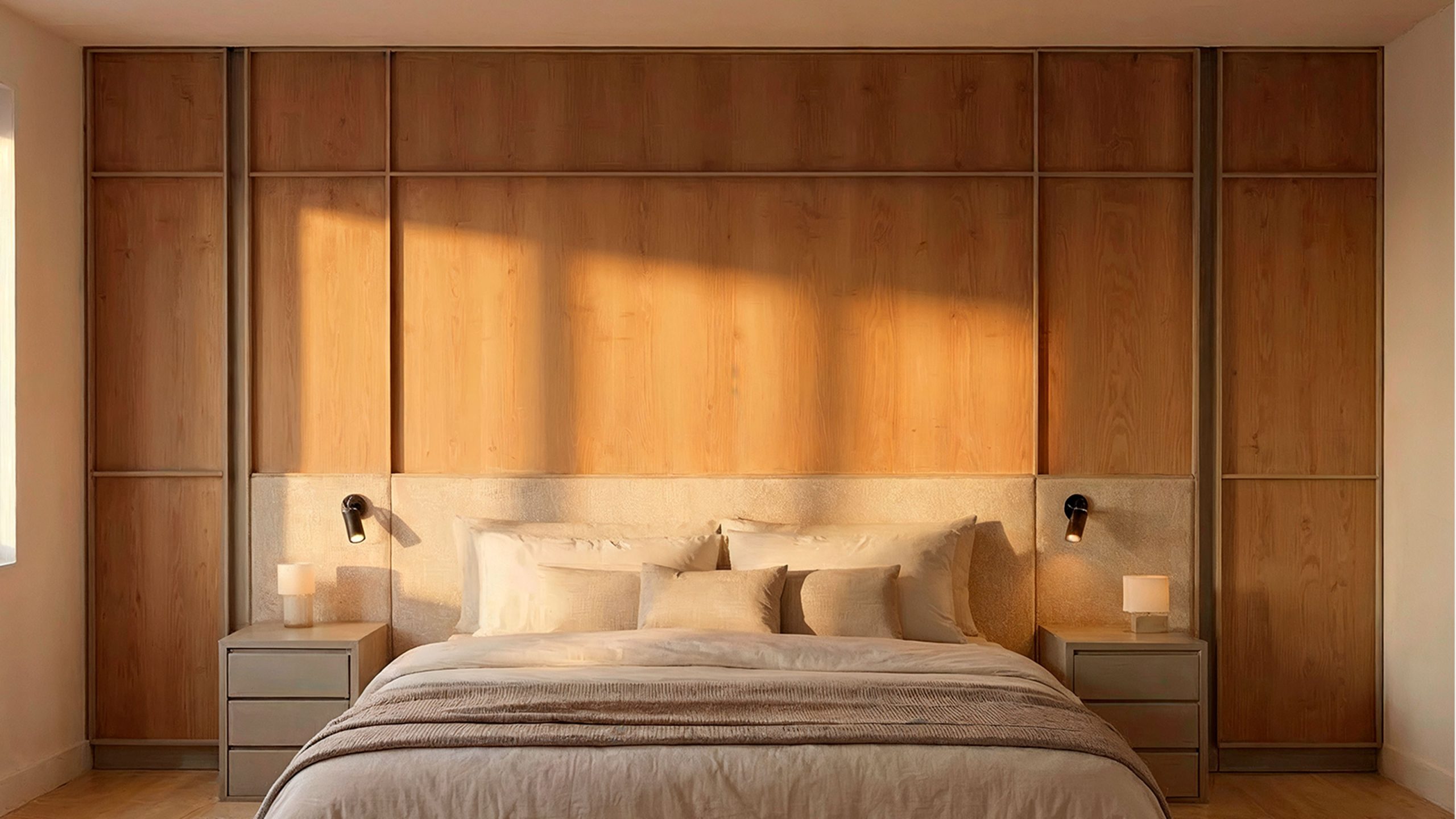 Cabecero de cama panelado en madera natural a medida en dormitorio principal