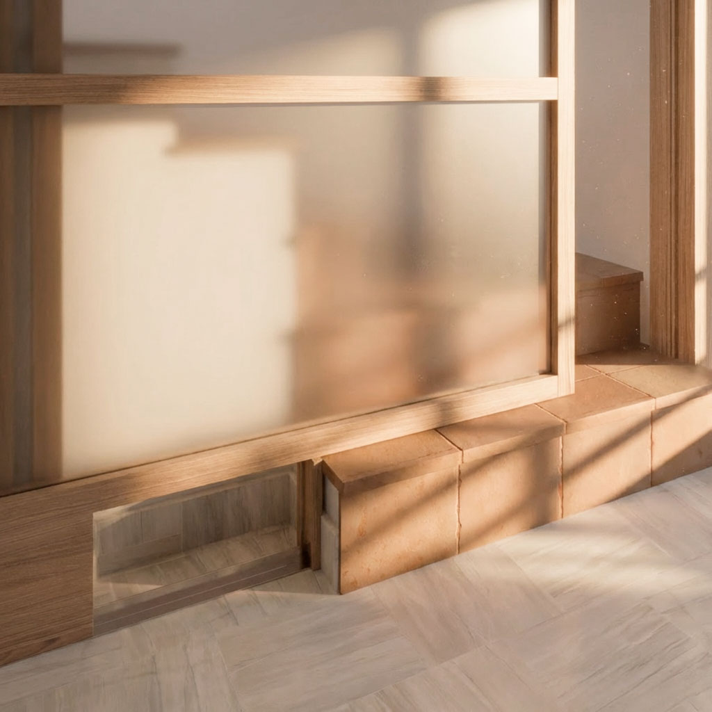 Puerta corredera de madera con solución de escalón (vista 2)