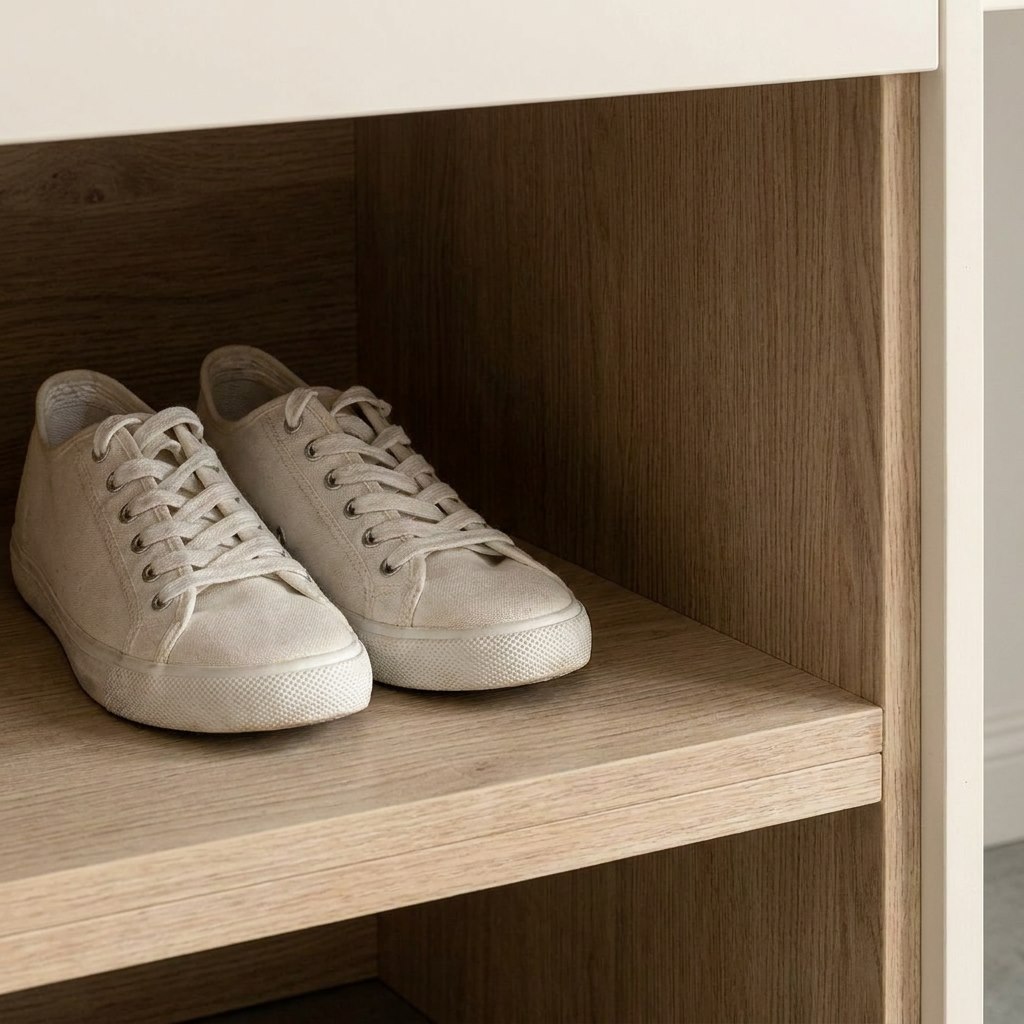 Detalle de la hornacina zapatero en madera del armario suspendido lacado, con deportivas