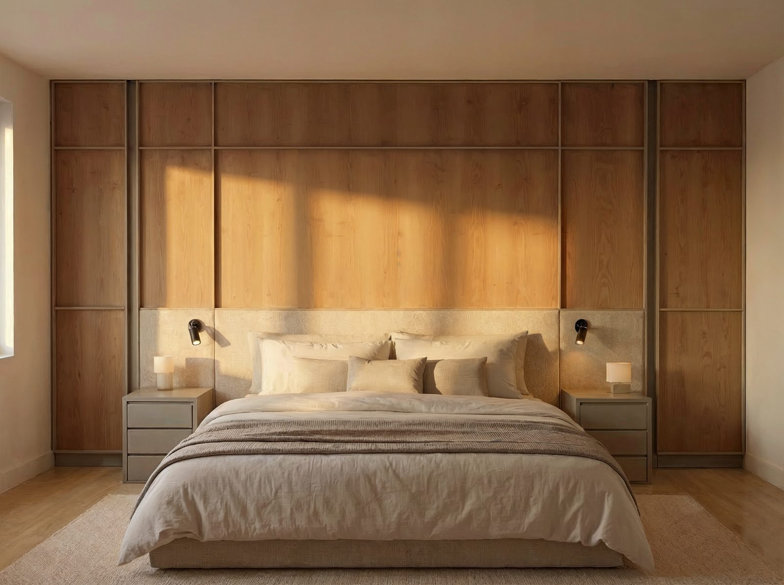 Forrado de cabecero panelado en madera con cama y ambiente
