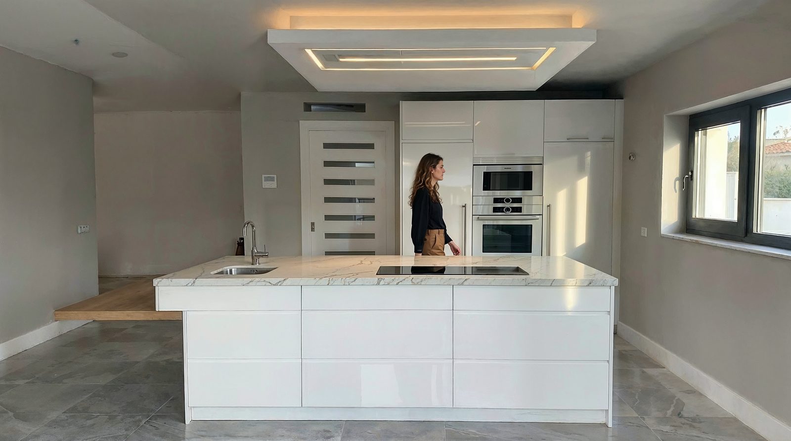 Cocina a medida blanca con isla de Calacatta, vista frontal con ambiente