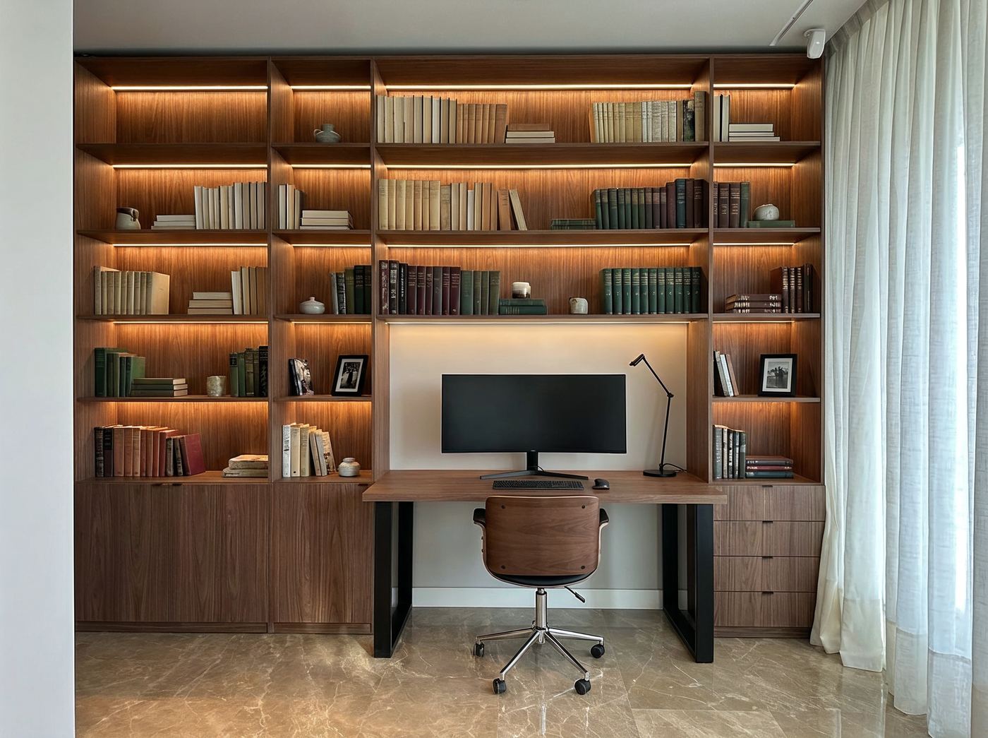 Librería de pared completa en nogal con escritorio integrado e iluminación LED