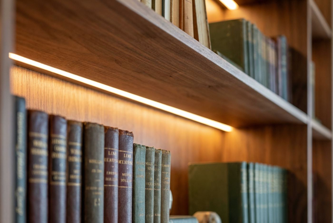 Detalle de la tira LED integrada bajo cada balda de nogal de la librería