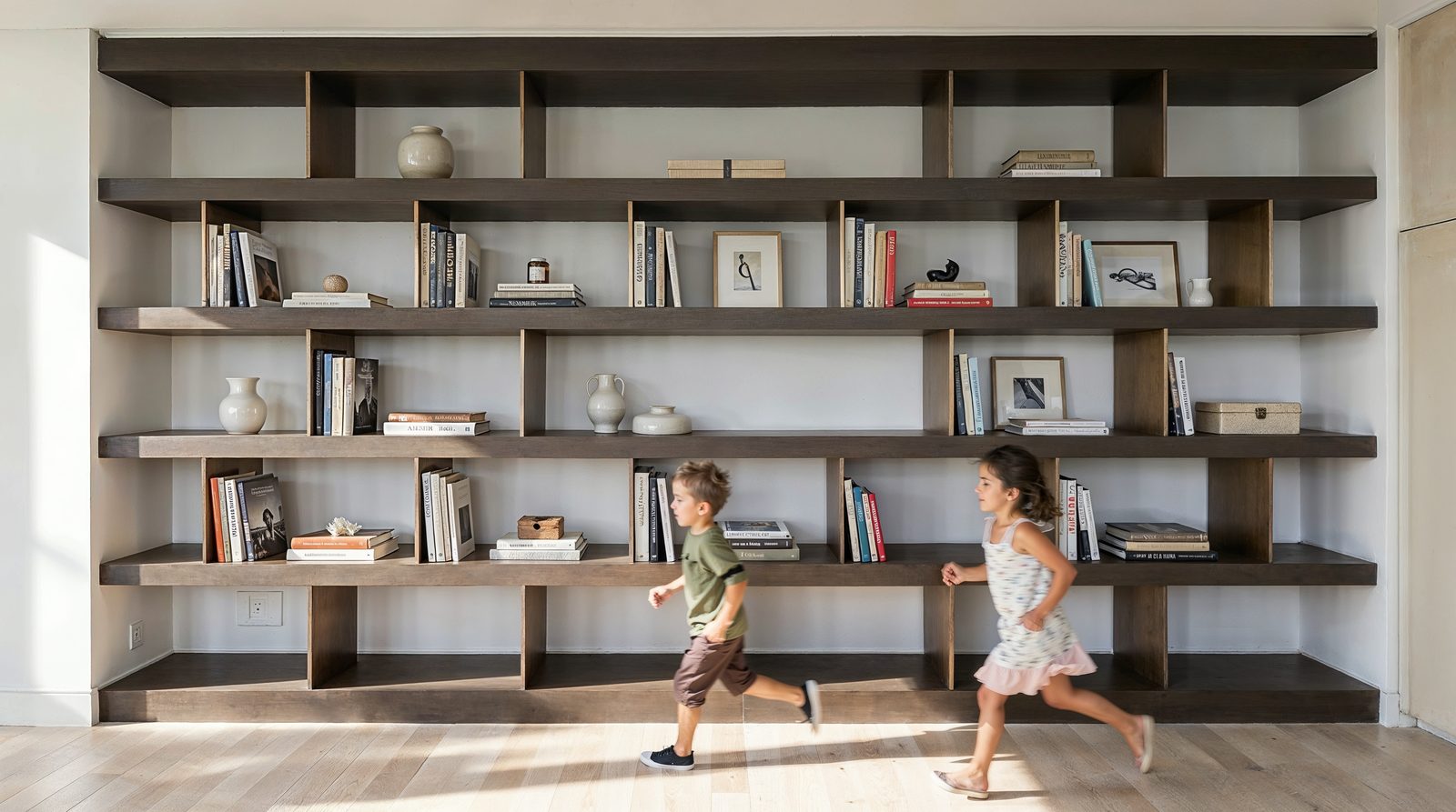 Estantería librería a medida vestida con libros y ambiente