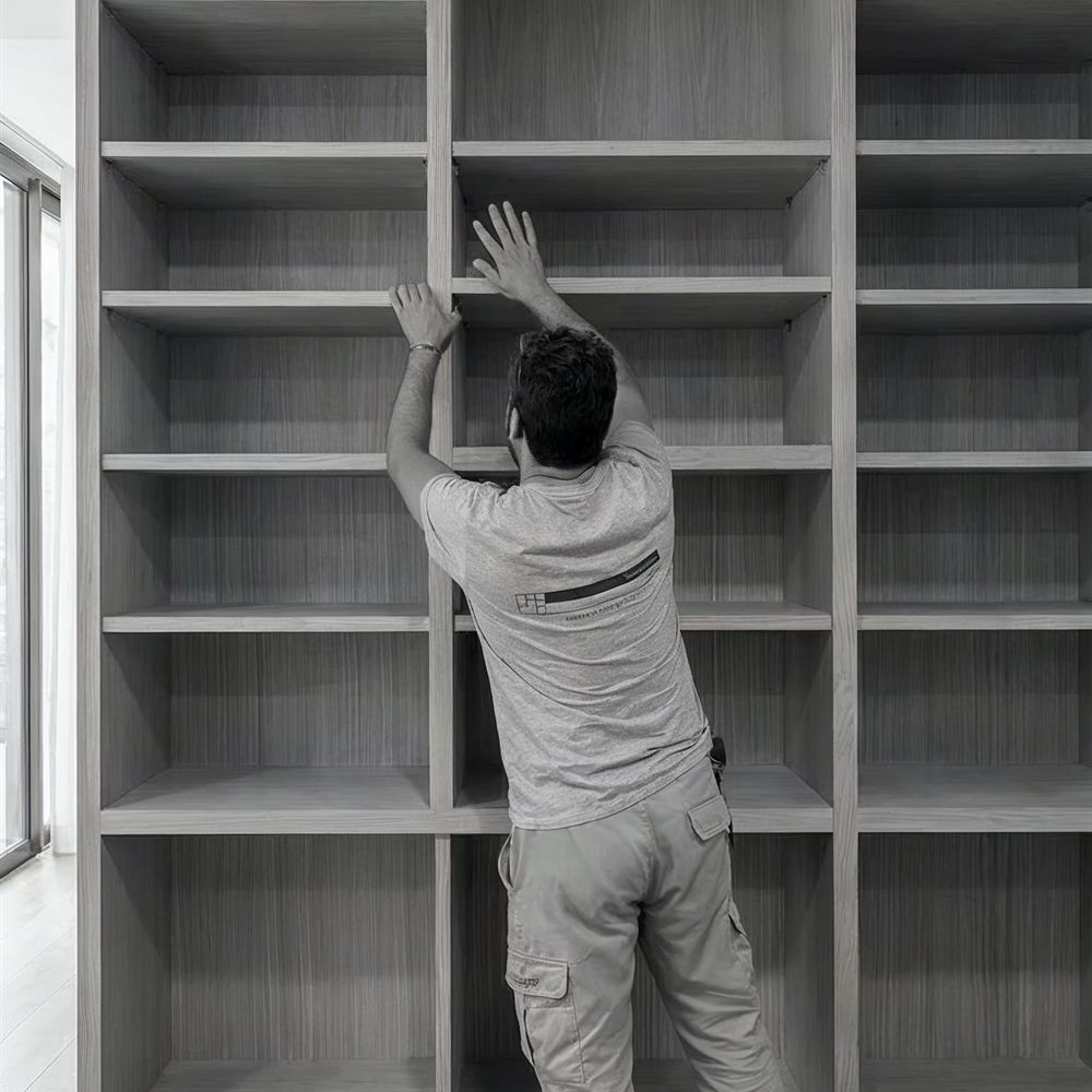 Profesional de Carindeco montando una librería de madera a medida en una vivienda