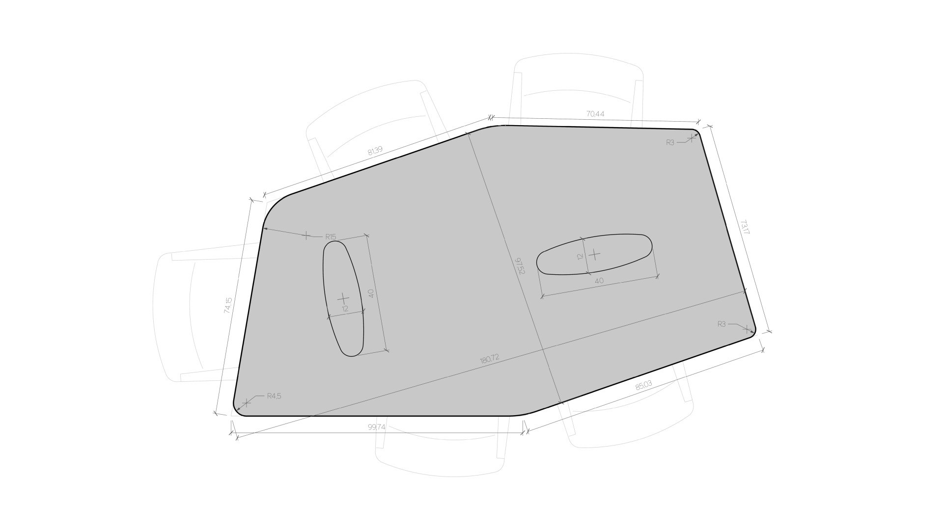 Planta de la mesa de forma libre con las sillas alrededor