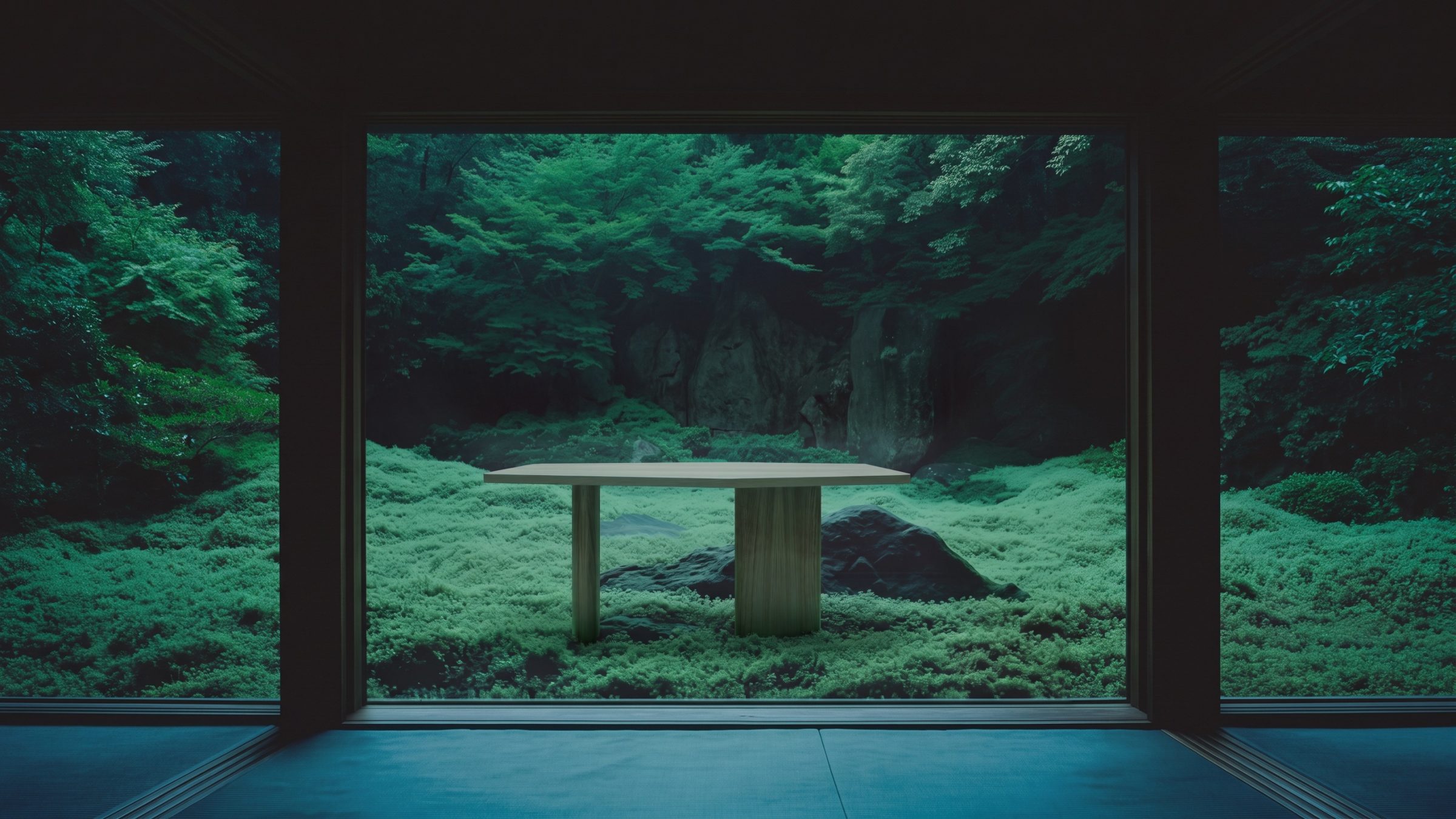 La mesa de forma libre en un jardín de musgo visto a través de un gran ventanal, imagen onírica