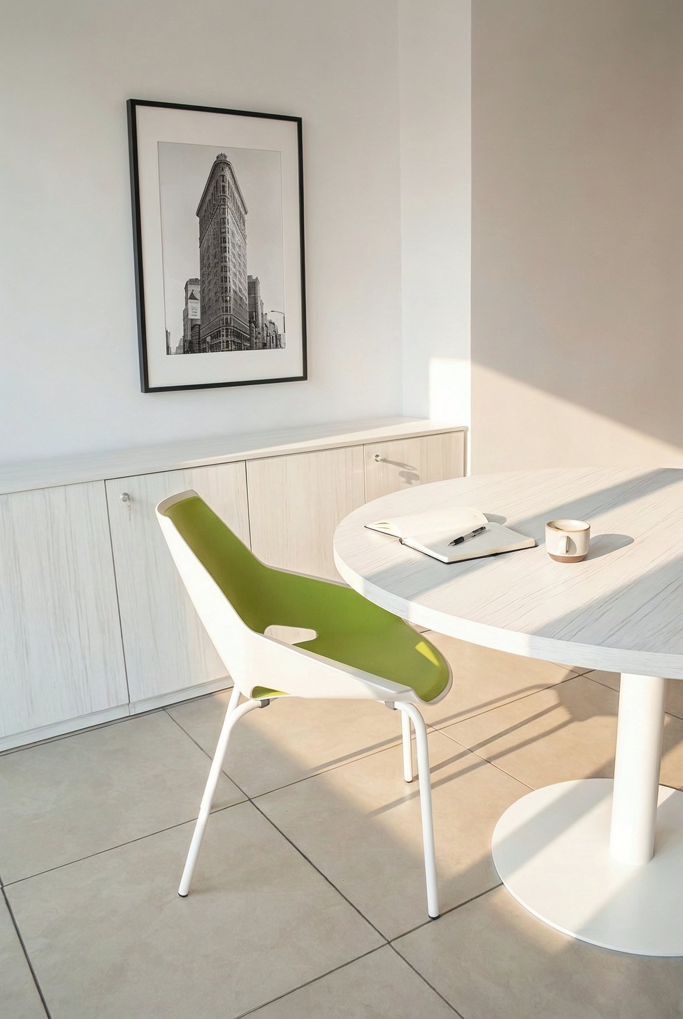 Sala pequeña con aparador bajo en acabado blanco veteado