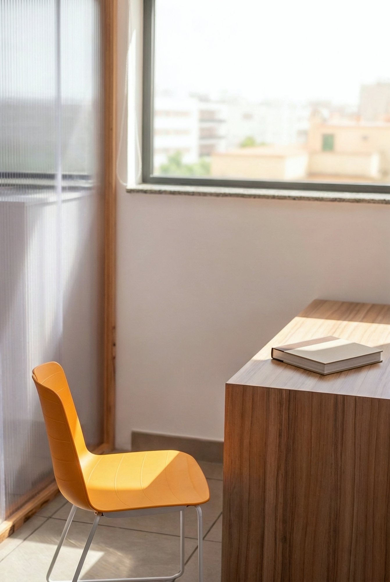 Escritorio en acabado madera junto a la ventana
