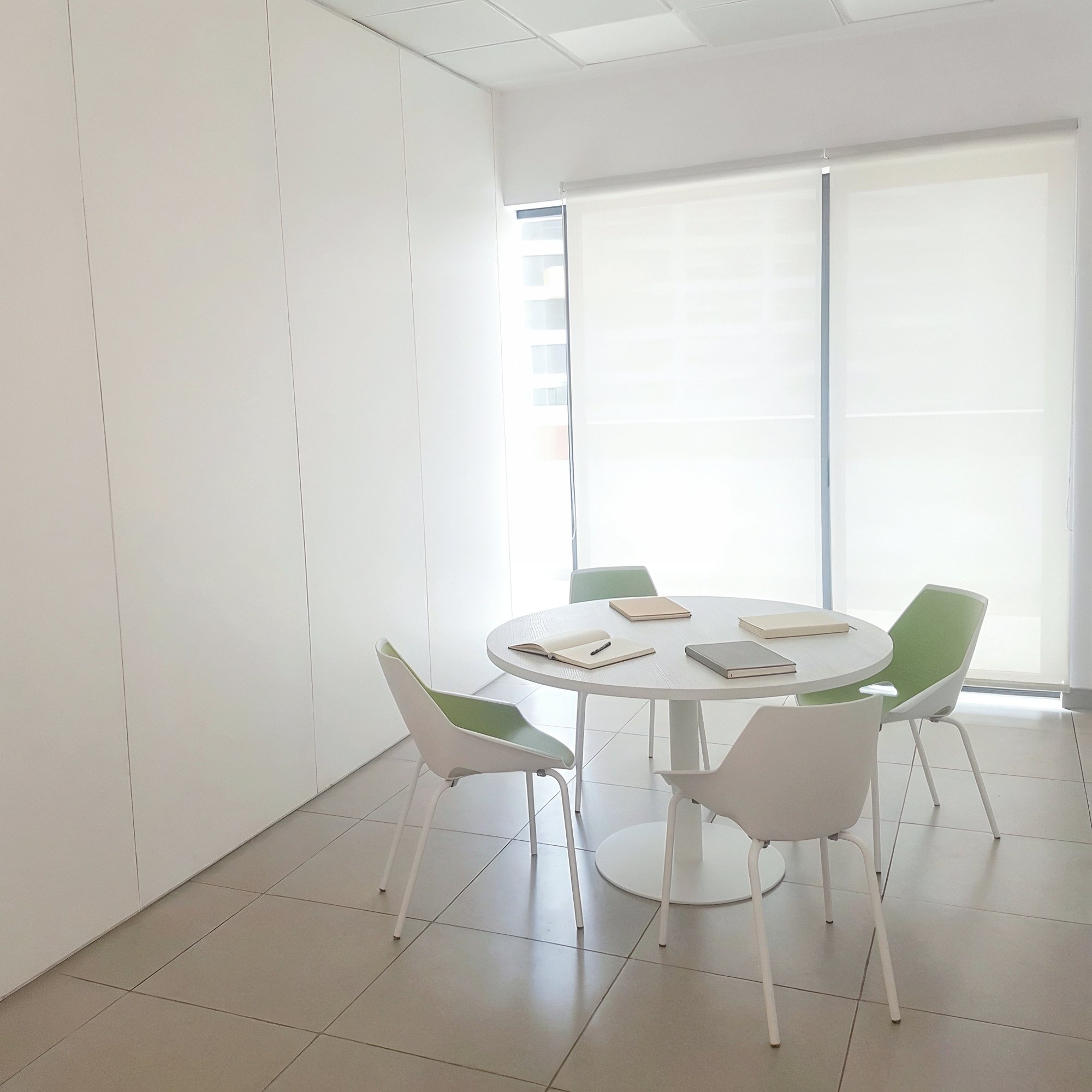 Sala de reuniones con pared de armario de puertas enrasadas