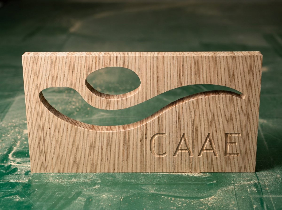 Tótem con el logotipo del CAAE fresado en BauBuche sobre la mesa de la máquina de control numérico