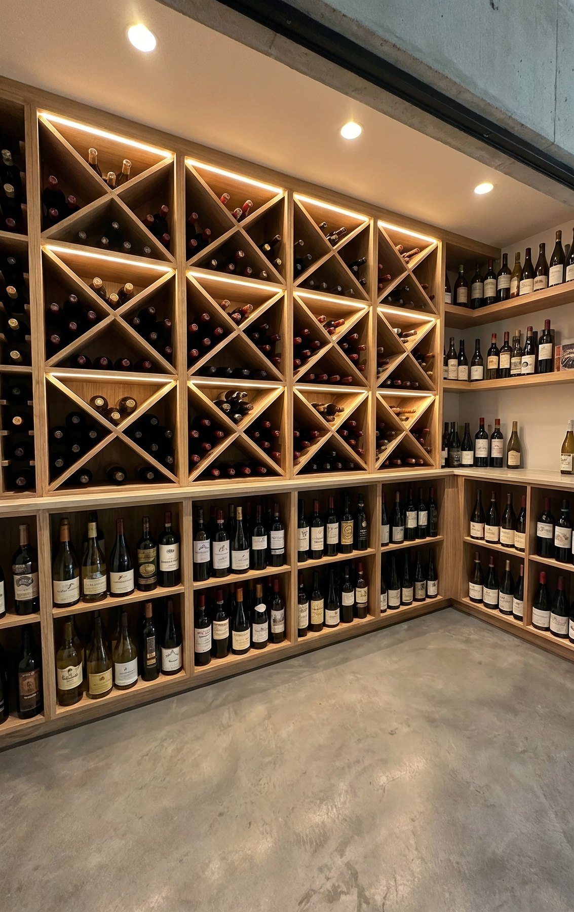 Interior de la vinoteca a medida: botellero de roble en L con módulos en X