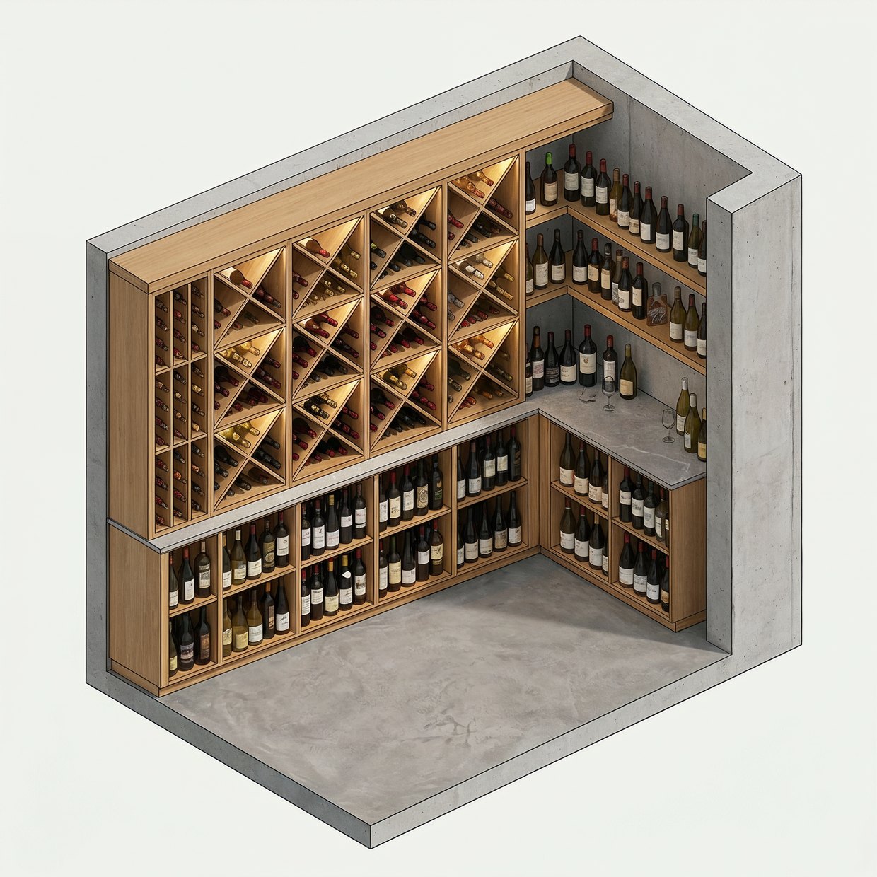 Vista isométrica de la vinoteca a medida